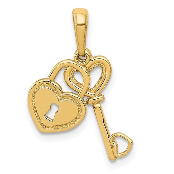 14k Yellow Gold Key and Heart Shaped Lock Pendant 8mm